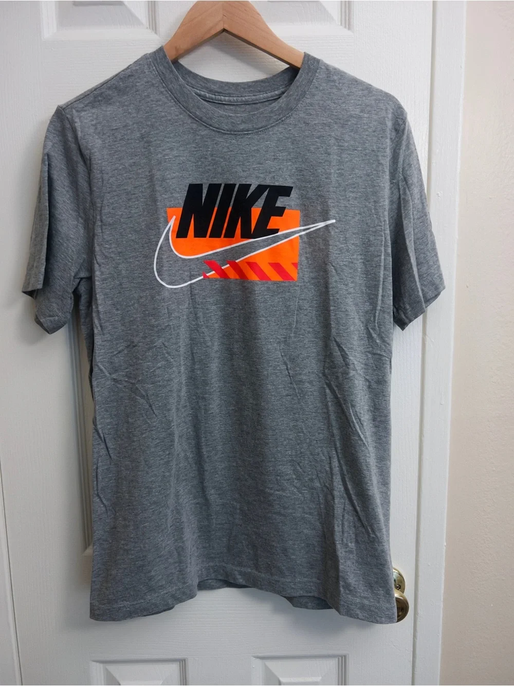 Nike Gray Crewneck T-Shirt with Black, Orange and White Logo